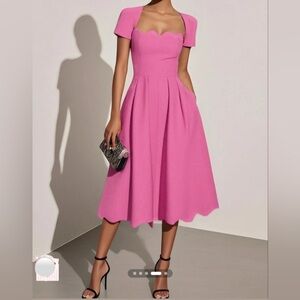 Fehaute Classic A-line asymmetric midi dress with scalloped square neckline sz 6